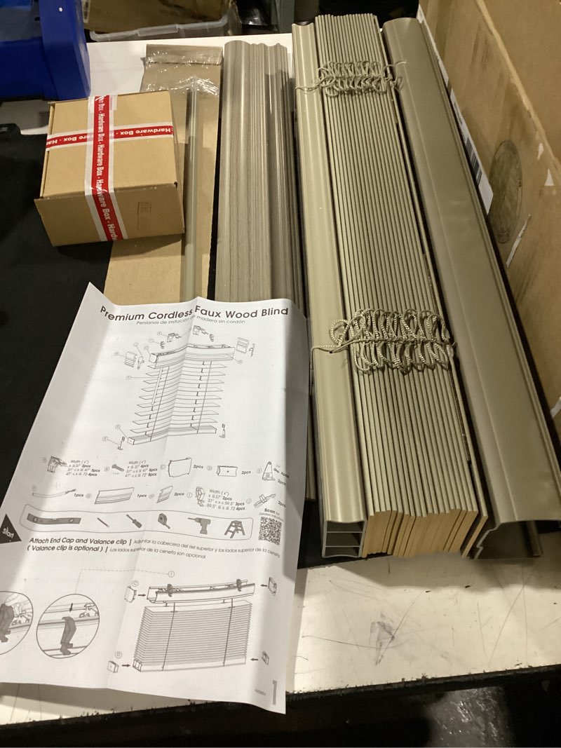 Condition photo showing Good Condition for 23.5” x 48” richfield studios 2.5\" cordless faux wood blinds, graystone