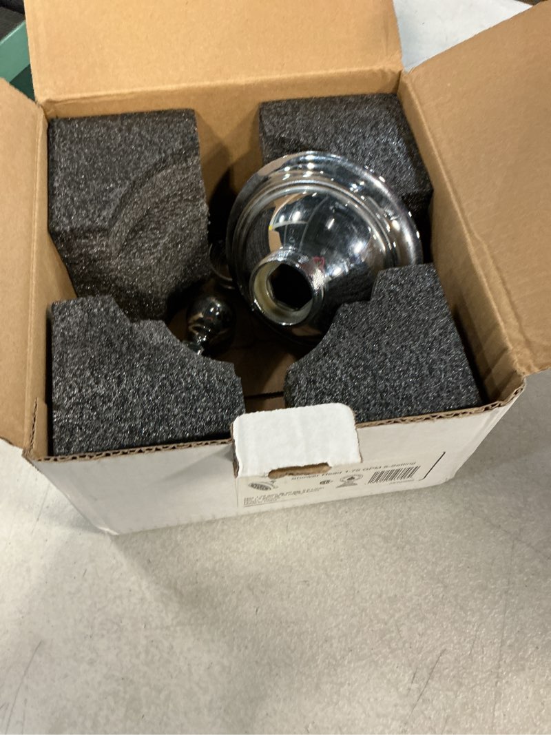 Condition photo showing As Is for delta 6-setting chrome shower head with high pressure spray, 6 inch round shower head, showerheads, 1.75 gpm flow rate, chrome 52535