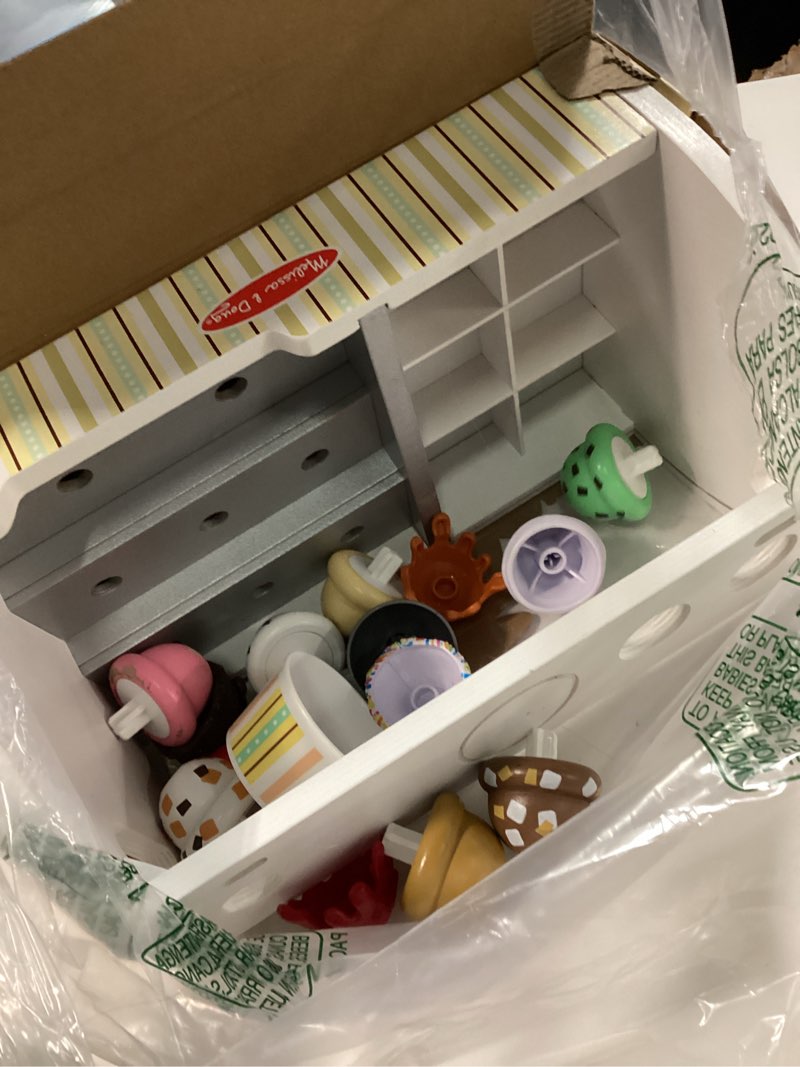 Condition photo showing As Is for melissa & doug wooden scoop & serve ice cream counter, pretend play store, 28 toy food & play kitchen accessories, preschool toys for girls & boys 3+ main