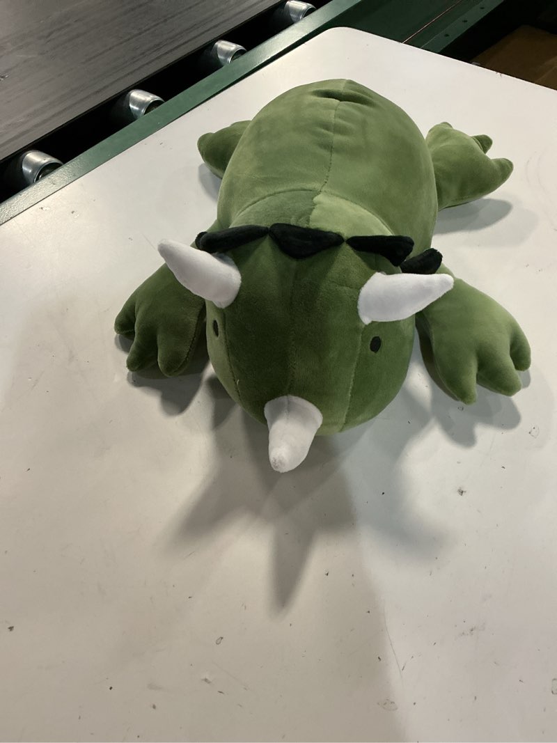 Condition photo showing Good Condition for 1.4 lb weighted stuffed triceratops animals plush - 16 inch squished long dinosaur jumbo pillow - kawaii plushies hugging toy gifts for kids - soft green dino stuffed animal toy (triceratops) 1.4 lb triceratops