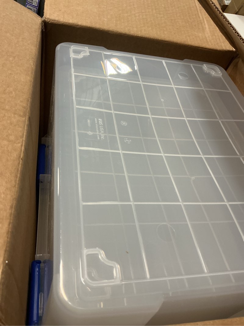 Condition photo showing Good Condition for IRIS USA WeatherPro 27 & 44 Qt Storage Bins with Lids, 4 Pack, BPA-Free Plastic Gasket Box with Tight Latch and Seal, Stackable Nestable Tote Tub - Clear/Blue 27 & 44 Qt. Combo