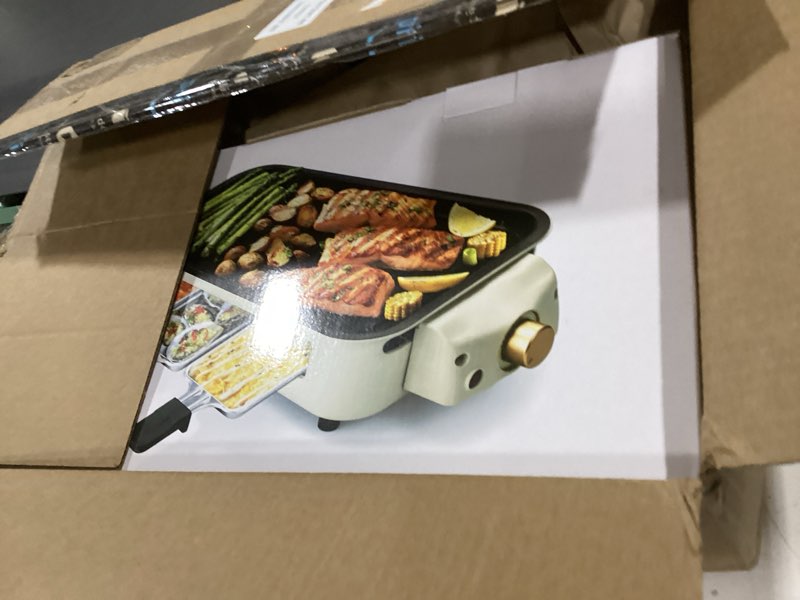Condition photo showing Good Condition for pukomc electric indoor grill,2 in 1 indoor grills for kitchen with grill net & non-stick cooking removable plate, temperature control, dishwasher safe, 1700w smokeless barbecue small beige-01