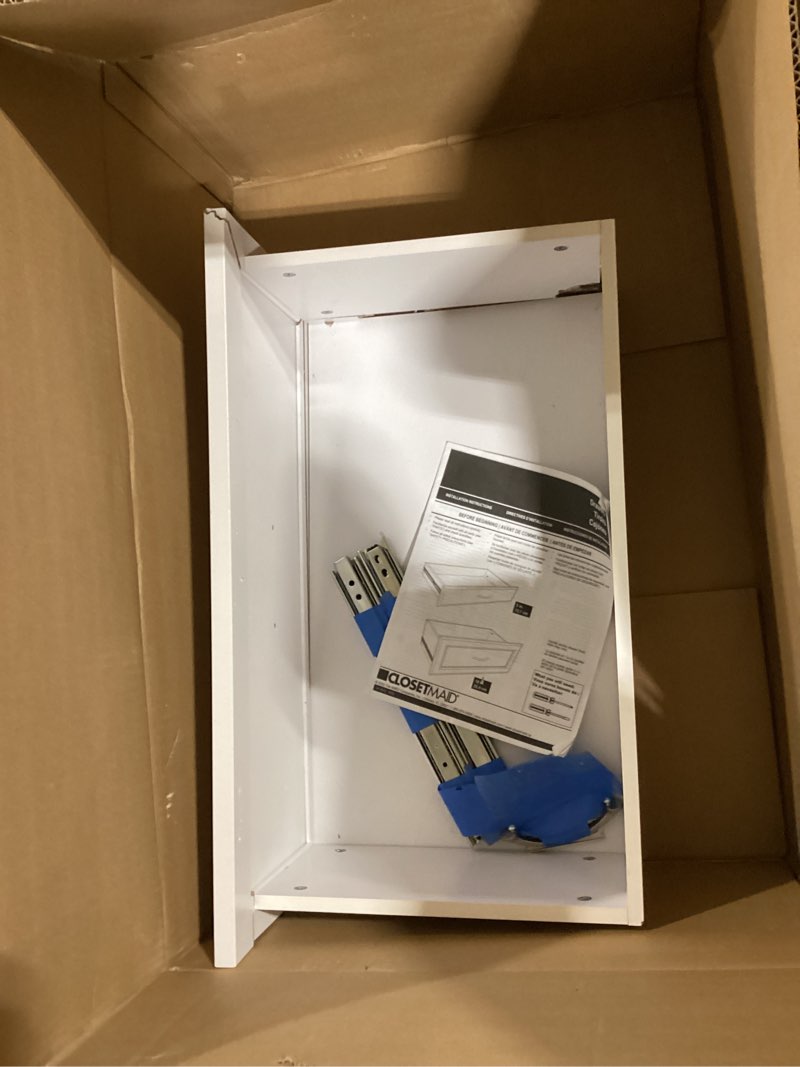 Condition photo showing As Is for closetmaid suitesymphony wood closet drawer, add on accessory, shaker style, for storage, closet, clothes, 16” x 10” size for 16 in. units, pure white/satin nickel pure white/satin nickel kit