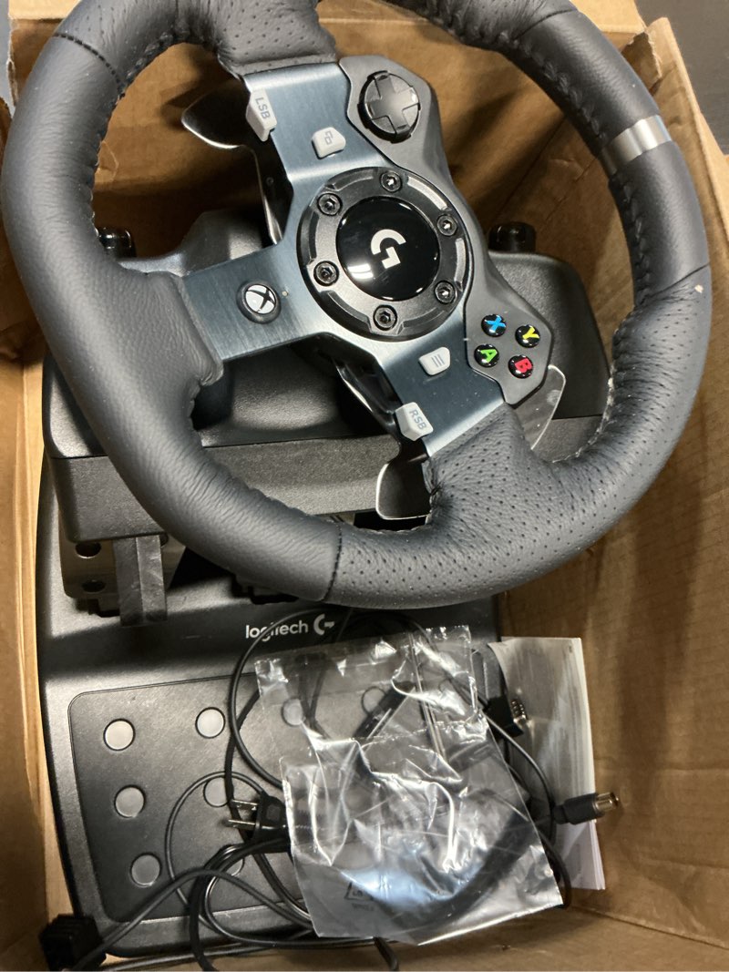 Condition photo showing Good Condition for logitech g920 driving force racing wheel and floor pedals, real force feedback, stainless steel paddle shifters, leather steering wheel cover for xbox series x|s, xbox one, pc, mac - black wheel kit - black