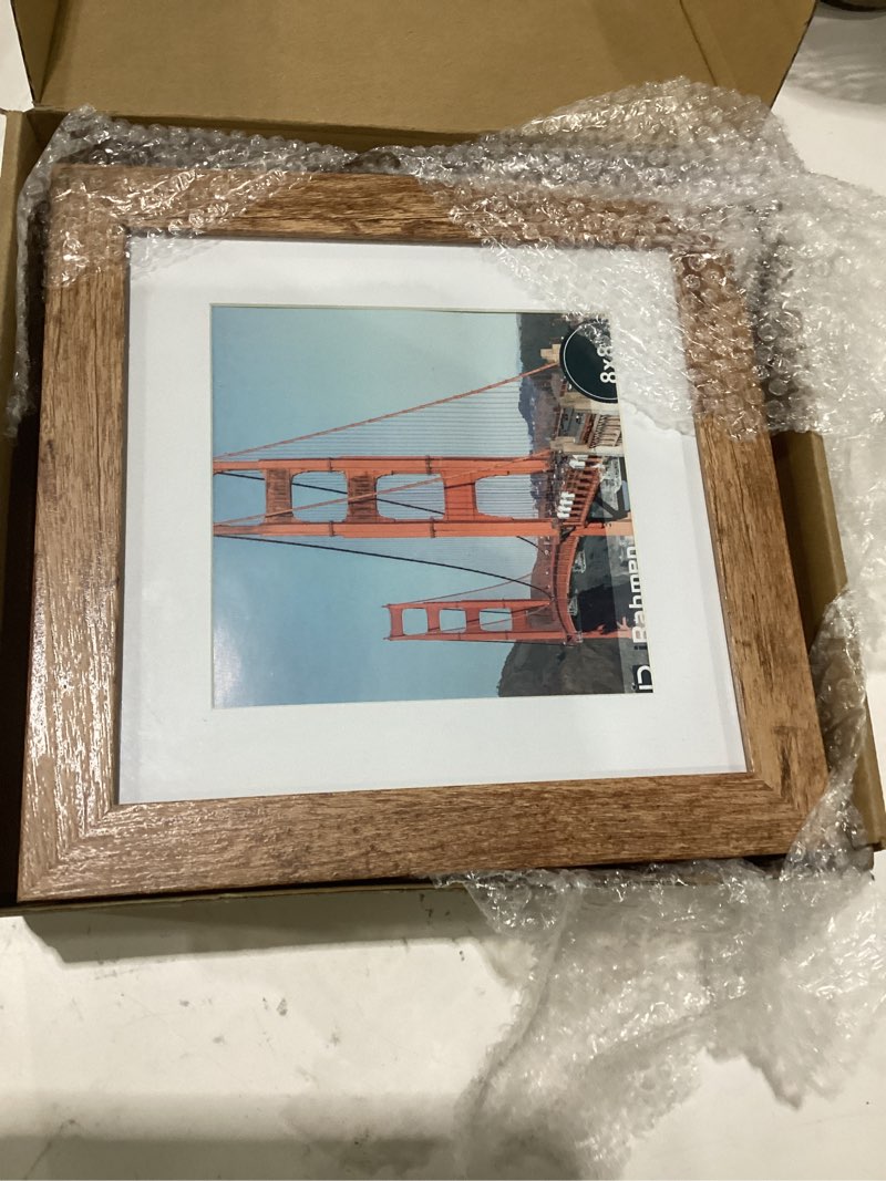 Condition photo showing Good Condition for irahmen 8x8 picture frame set of 4 with hd glass, display 6x6 pictures with mat or 8 x 8 without mat, square wood photo frame for wall mount and tabletop display rustic brown 8x8