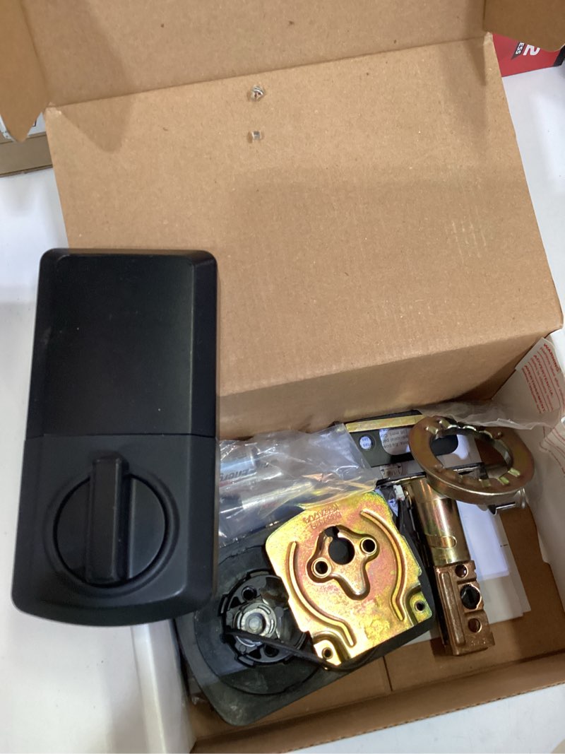 Condition photo showing As Is for kwikset powerbolt 250 10-button keypad matte black transitional electronic deadbolt door lock, featuring convenient keyless entry, customizable user codes and auto-locking