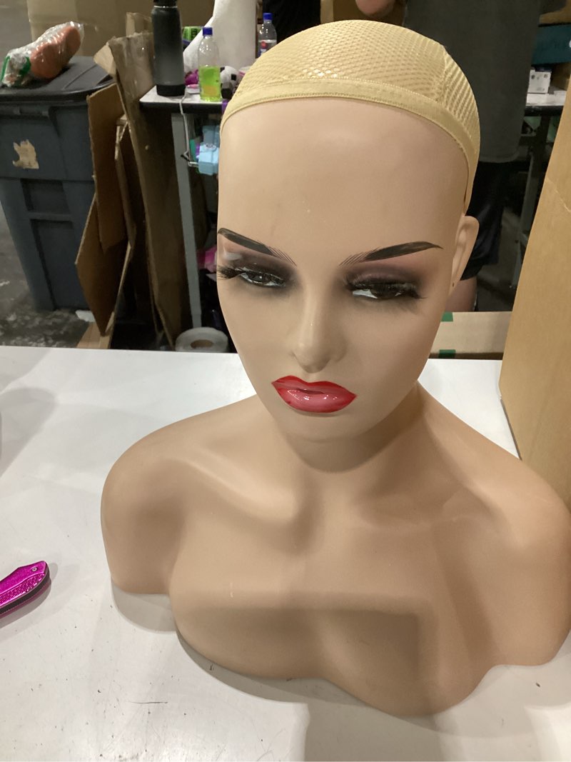 Condition photo showing Good Condition for realistic female mannequin head model with shoulder display manikin head bust for wigs,makeup,beauty accessories displaying p-dc487