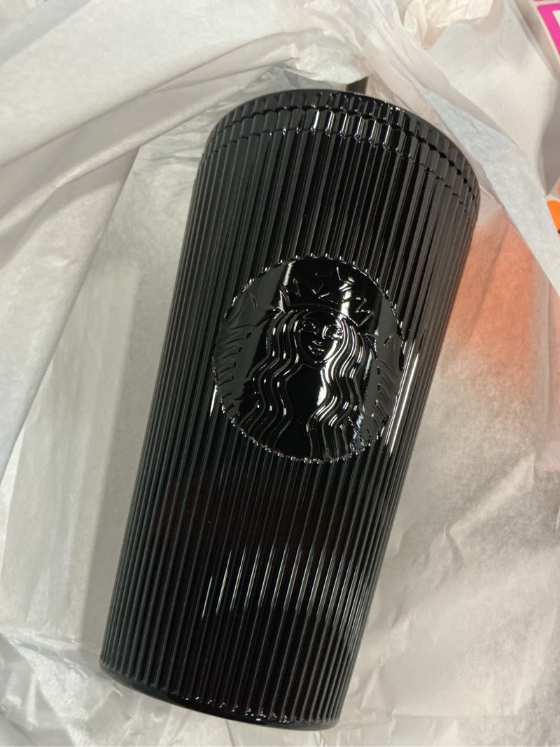 Condition photo showing New/Like New for starbucks shiny black pleated cup winter 2024 16oz cold cup