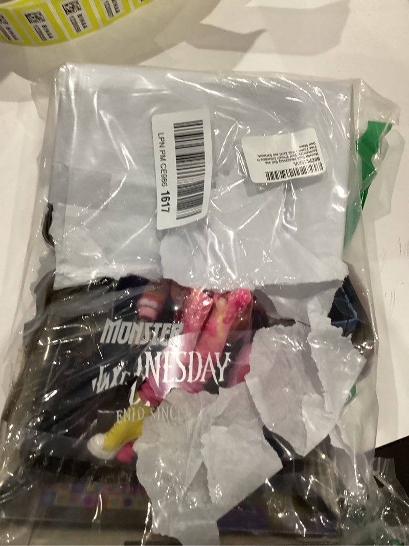 Condition photo showing As Is for Monster High Wednesday Doll and Accessories, Enid Sinclair Collectible in Pink Fashion with Beret and Backpack, Doll Stand