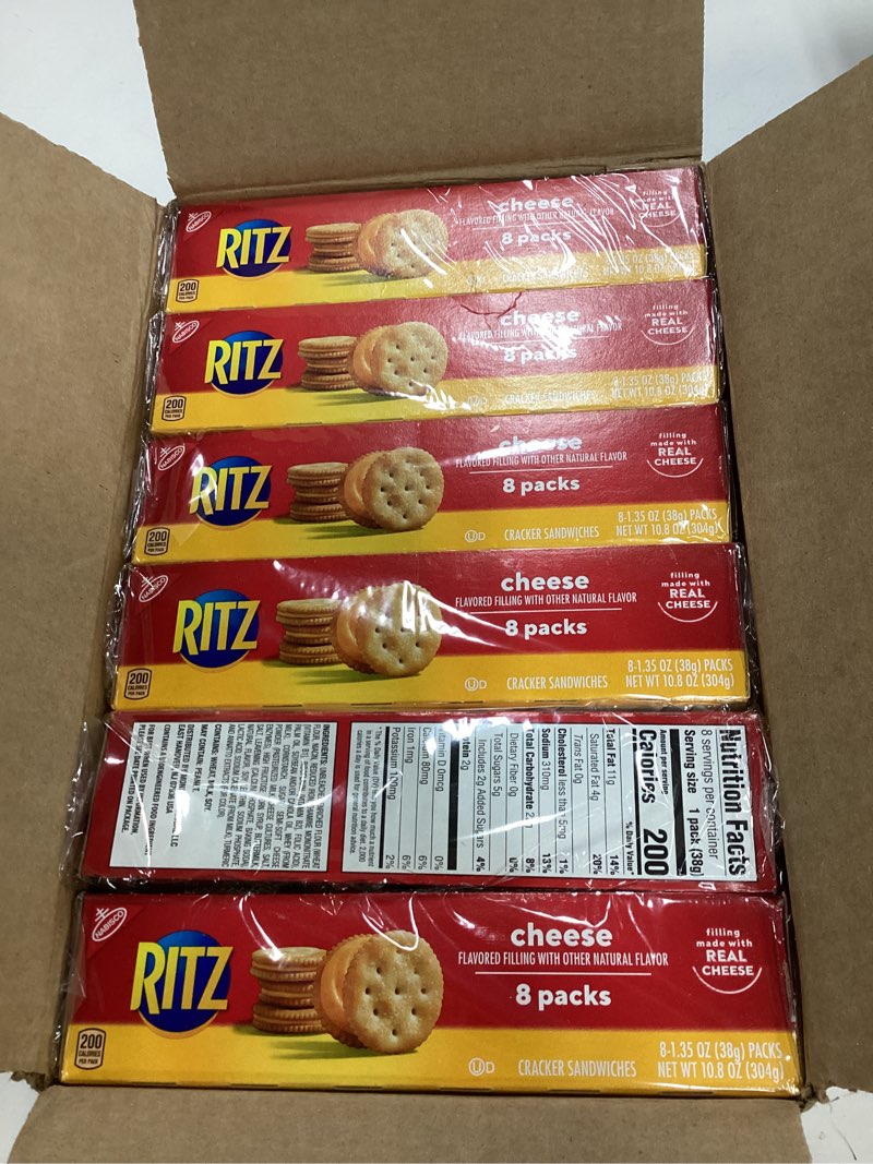 Condition photo showing New/Like New for (bbd 01/jul 2026)ritz cheese sandwich crackers, lunch snacks, 48 snack packs (6 boxes, 6 crackers per pack)