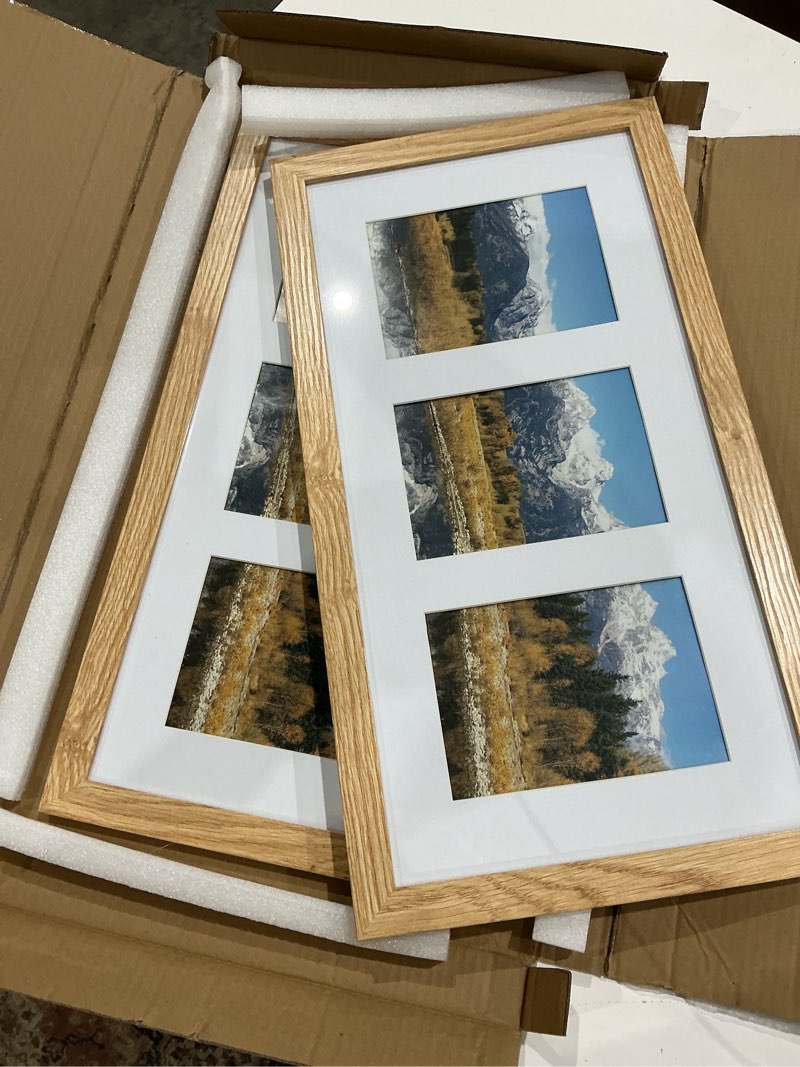 Condition photo showing Good Condition for hongkee 10x20 picture frame set of 2, natural oak wood frame with real glass collage frame, display pictures three 5x7 with mat or 10 x 20 without mat - horizontal or vertical wall mounting natural oak 10x20 in matted to 3-5x7