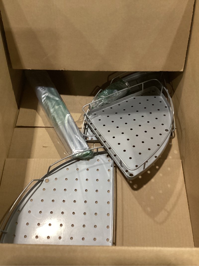 Condition photo showing New/Like New for ELYKEN Corner Shower Caddy Standing, 3 Tier Rustproof Metal Shower Organizer with Soap Holder, Floor Shower Corner Shelf Rack Storage Stands with Adjustable Feet & 2 Hooks for Bathroom, Silver Silver 3 Tier