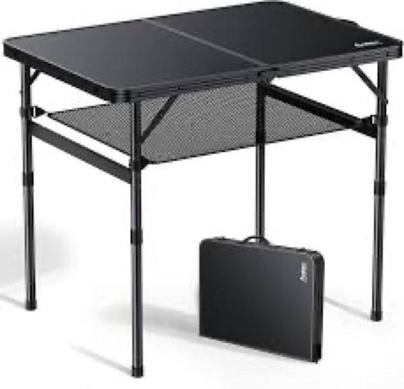 anbte folding camping table, 36\" × 24\" portable table adjustable height max 28 inch aluminum folding table with storage net, lightweight, portable handle for travel, outdoor, backyard (black)