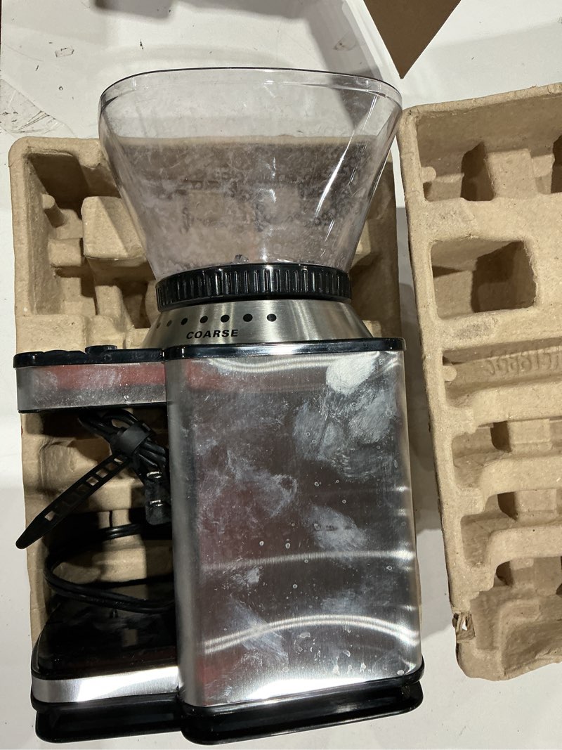 Condition photo showing As Is for cuisinart coffee grinder, electric one-touch automatic burr coffee grinder with 18-position grind selector, cup size selector for 4 – 18 cups, dbm-8p1, black stainless burr mill stainless steel