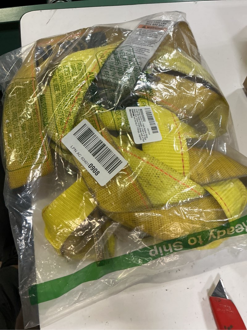 Condition photo showing As Is for us cargo control e-track ratchet strap, 4,400 lbs break strength, 2 inch x 12 foot heavy duty yellow etrack straps with 4 foot fixed end and spring e-fittings, logistic tiedowns