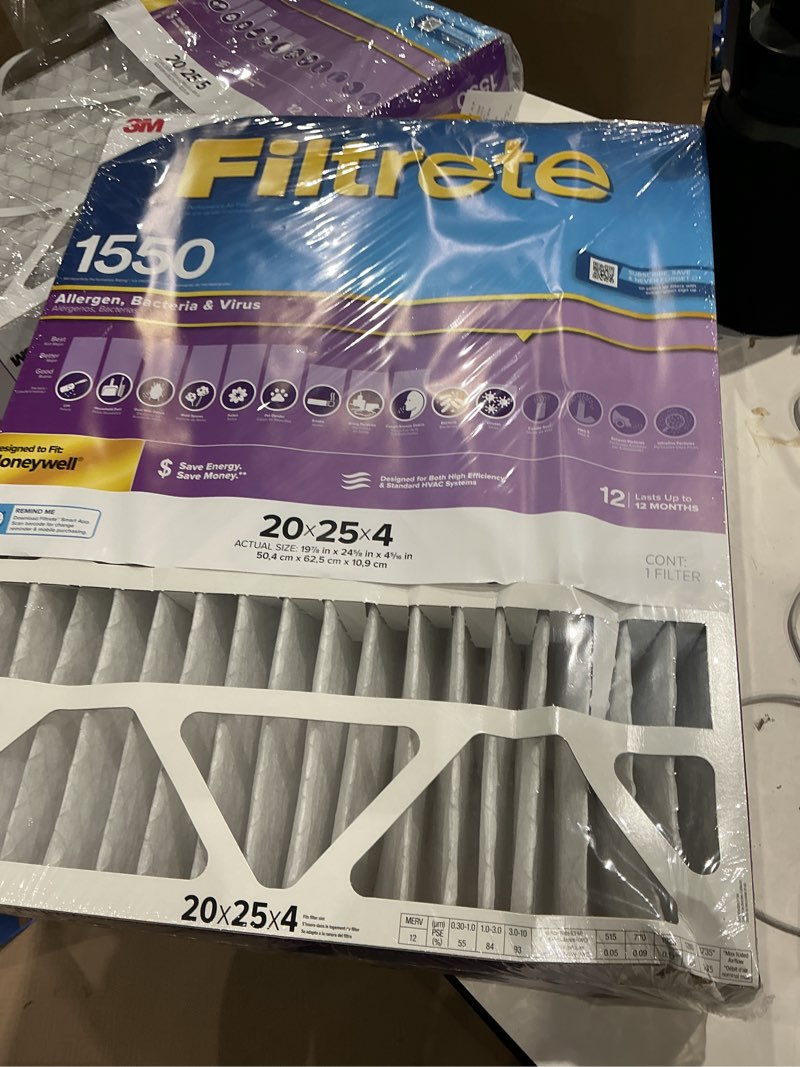 Condition photo showing As Is for filtrete 20-in w x 25-in l x 4-in merv 12 1550 mpr allergen, bacteria and virus electrostatic pleated air filter