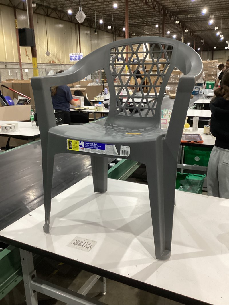 Condition photo showing As Is for adams patio stackable charcoal plastic frame stationary conversation chair with solid seat
