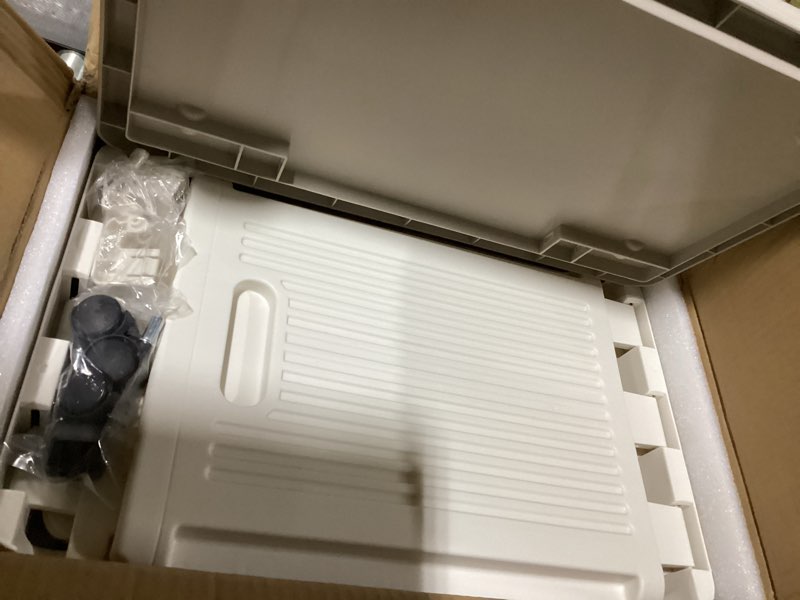 Condition photo showing As Is for HAIXIN Flip-top Storage Bin with Lid - 60 QT Plastic Storage Box with Wheels 14.8 Gal Stackable Closet Organizer for Clothes Blanket Movable Storage Organization for Laundry, Cream White 60 QT Cream White