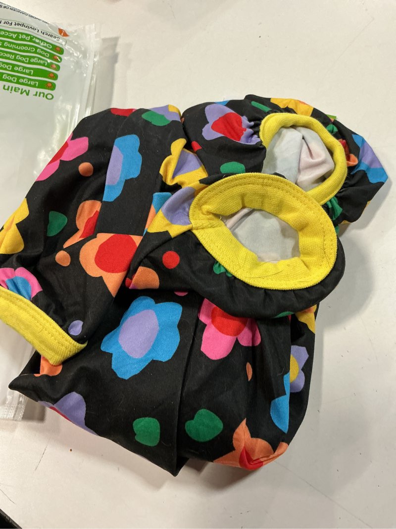 Condition photo showing As Is for LovinPet Large Dog Outfits for Boxer - Anxiety Calming Shirt, Anti Licking Dog Pajamas, Lightweight Fabric, Vintage Happy 2 Quilted Multi Print, Large Dog Pjs, All Season wear Dog PJ's,Black Yellow L