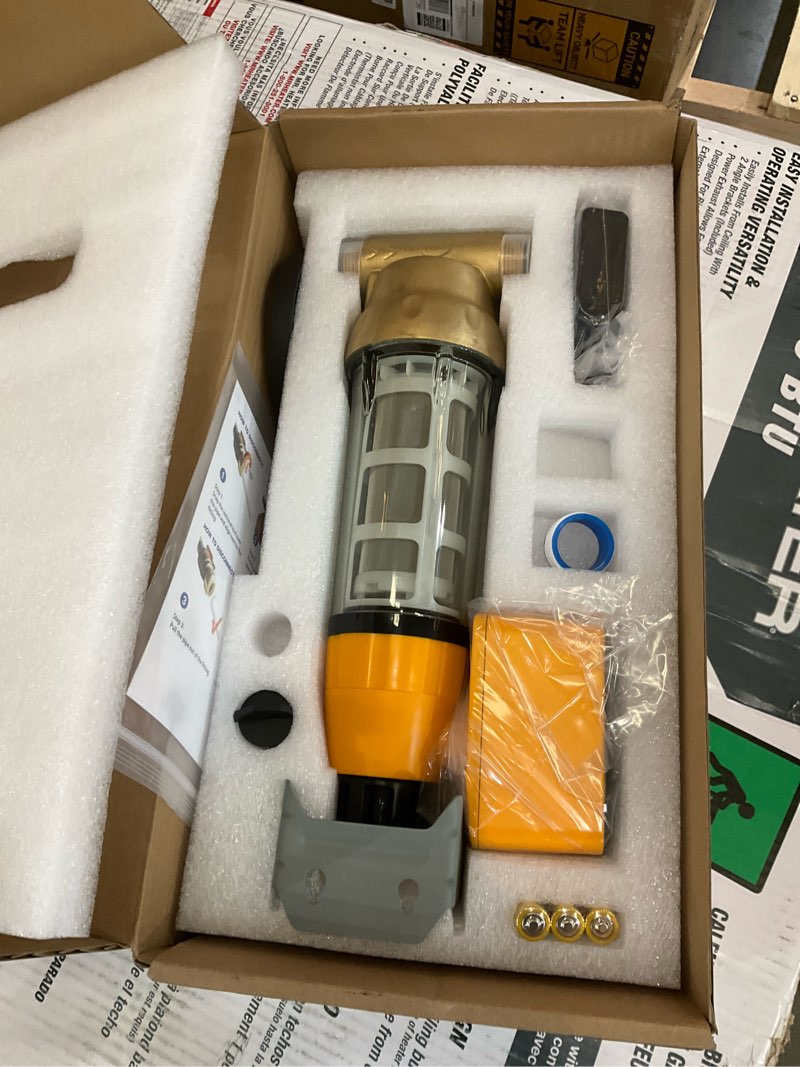 Condition photo showing As Is for ispring whole house water filter system w/auto-flushing spin down sediment filter, water descaler, gac+kdf, and carbon block filter, wgb32b-kds+wsp50arb ultimate protection ultimate
