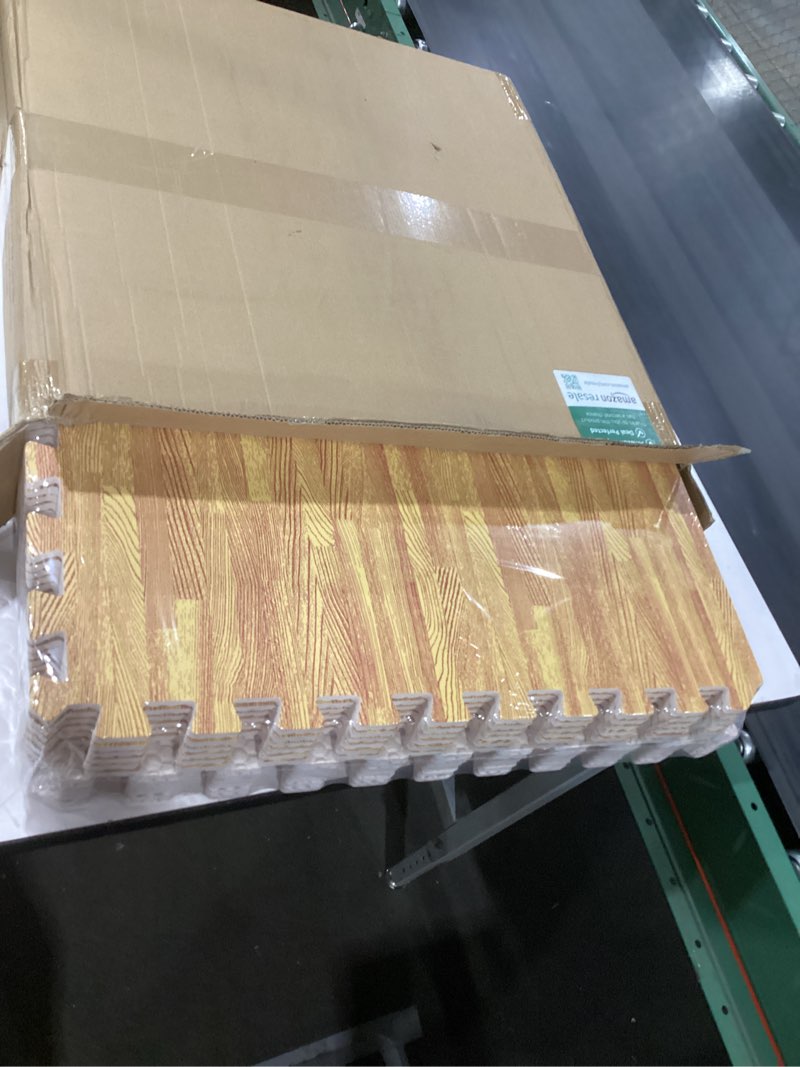 Condition photo showing New/Like New for yes4all eva interlocking mats, puzzle floor tiles, foam floor padding with border for furniture, home space, living room, garage f. 48 square feet (12 tiles) - light oak wood