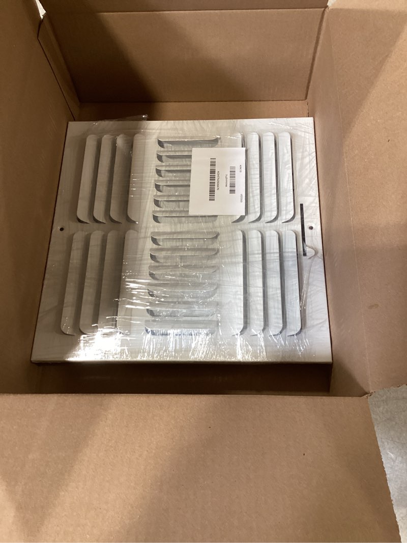 Condition photo showing As Is for similar not exact/incomplete10\"x 10\" (duct opening size) 4-way stamped face steel ceiling/sidewall air supply register - vent cover - actual outside dimension 11.75\" x 11.75\"