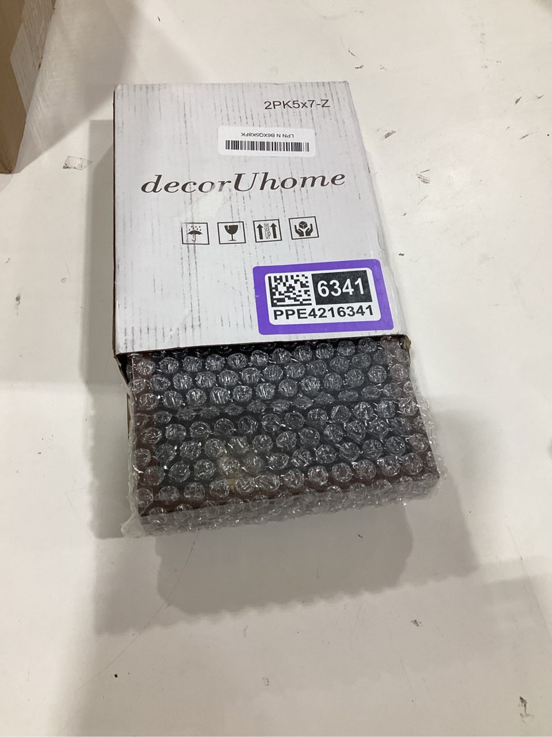 Condition photo showing New/Like New for decoruhome double 5x7 picture frame vertical, engineered wood bifold photo frame with plexiglass for tabletop display, 5x7, brown 5x7 brown
