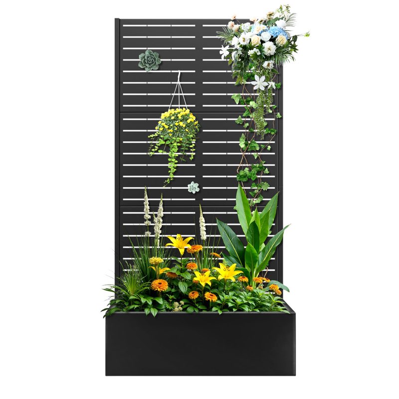 Metal Planter Box with Trellis, Outdoor Raised Garden Bed with Privacy Screen for Climbing Plants, Metal Garden Bed with Drainage Holes, Metal Planter Box for Patio or Balcony