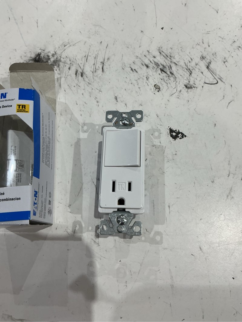 Condition photo showing As Is for eaton 15-amp 120/125-volt tamper resistant residential/commercial decorator switch outlet, white