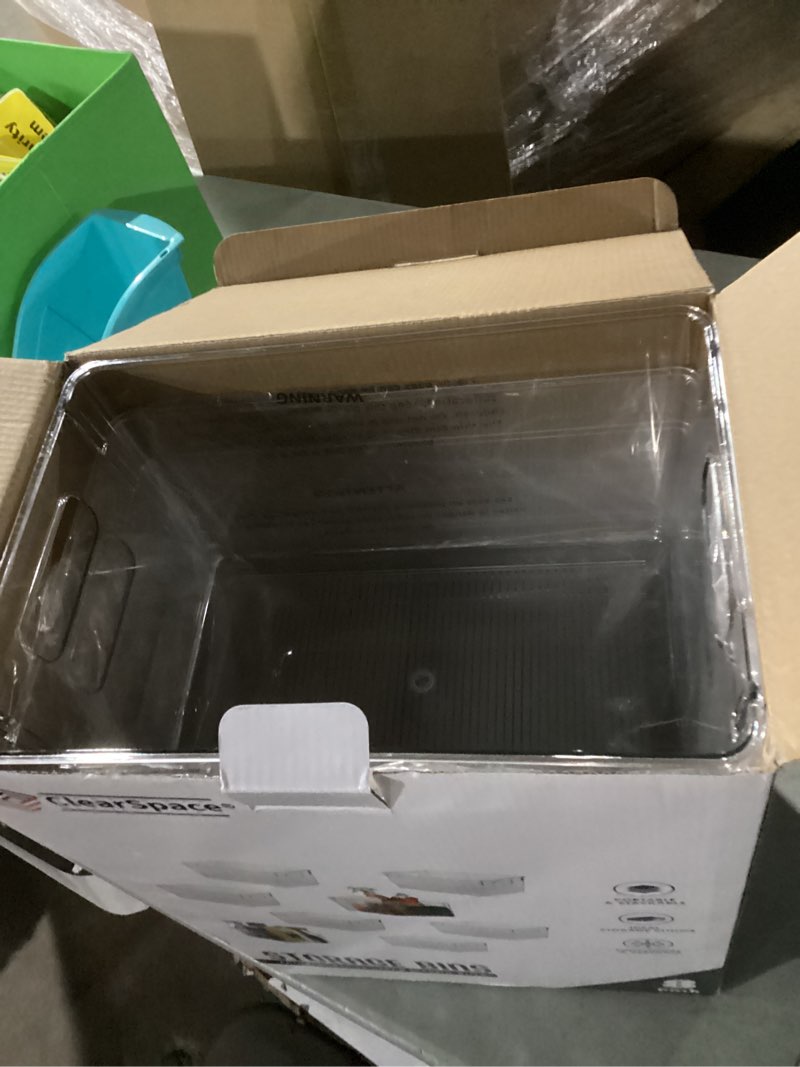 Condition photo showing As Is for ClearSpace Clear Plastic Storage Bins – Pantry Organizers & Storage Containers, Cabinet Organizer - Home Organization Must Haves for Kitchen, Laundry Room, Office, Closet, Garage & Freezer 8 Pack