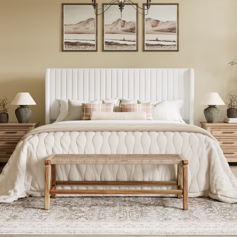 Candler Velvet Upholstered Platform Bed with Wingback Headboard and Wooden queen Slats
