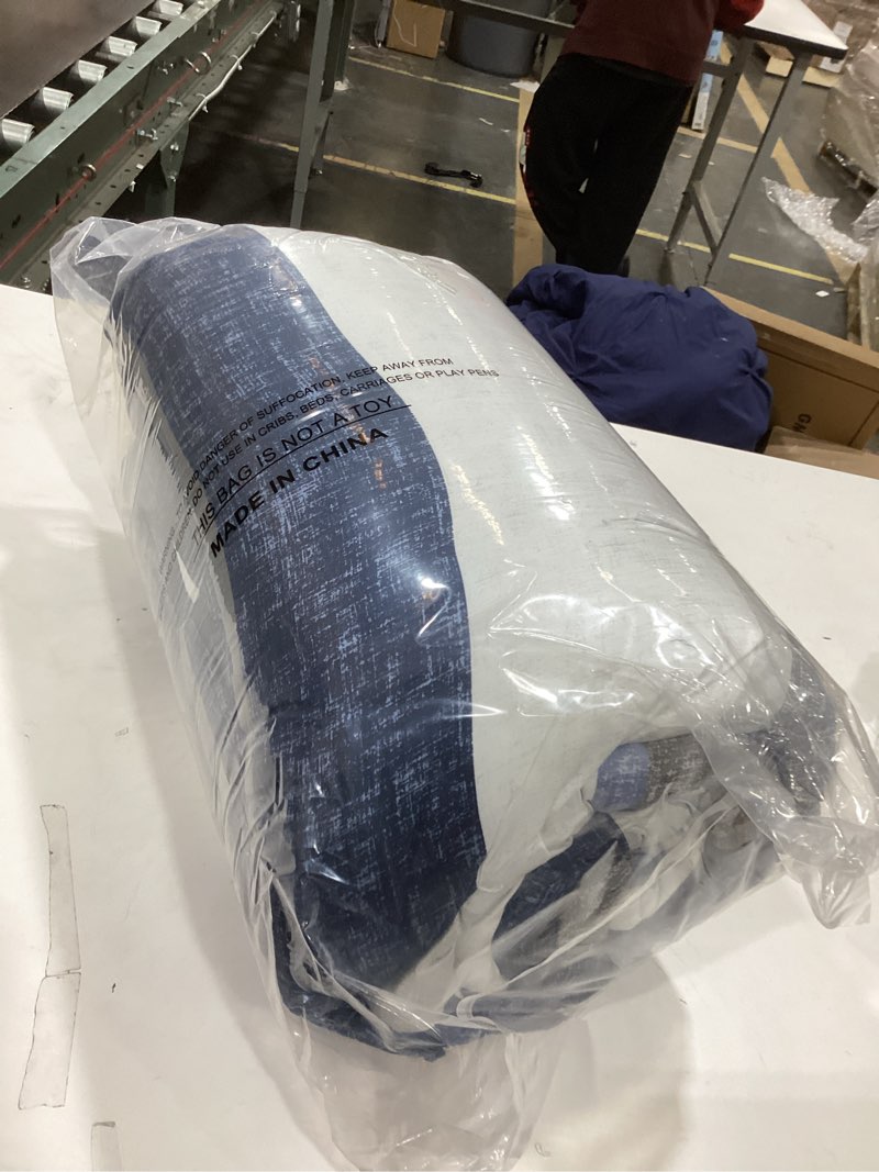 Condition photo showing Good Condition for Madison Park Essentials Jaxon Bed in a Bag Comforter Set with Sheet, Printed Stripe Design, Modern All Season Bedding and Matching Sham, King Blue/Grey 7 Piece Blue/Grey King