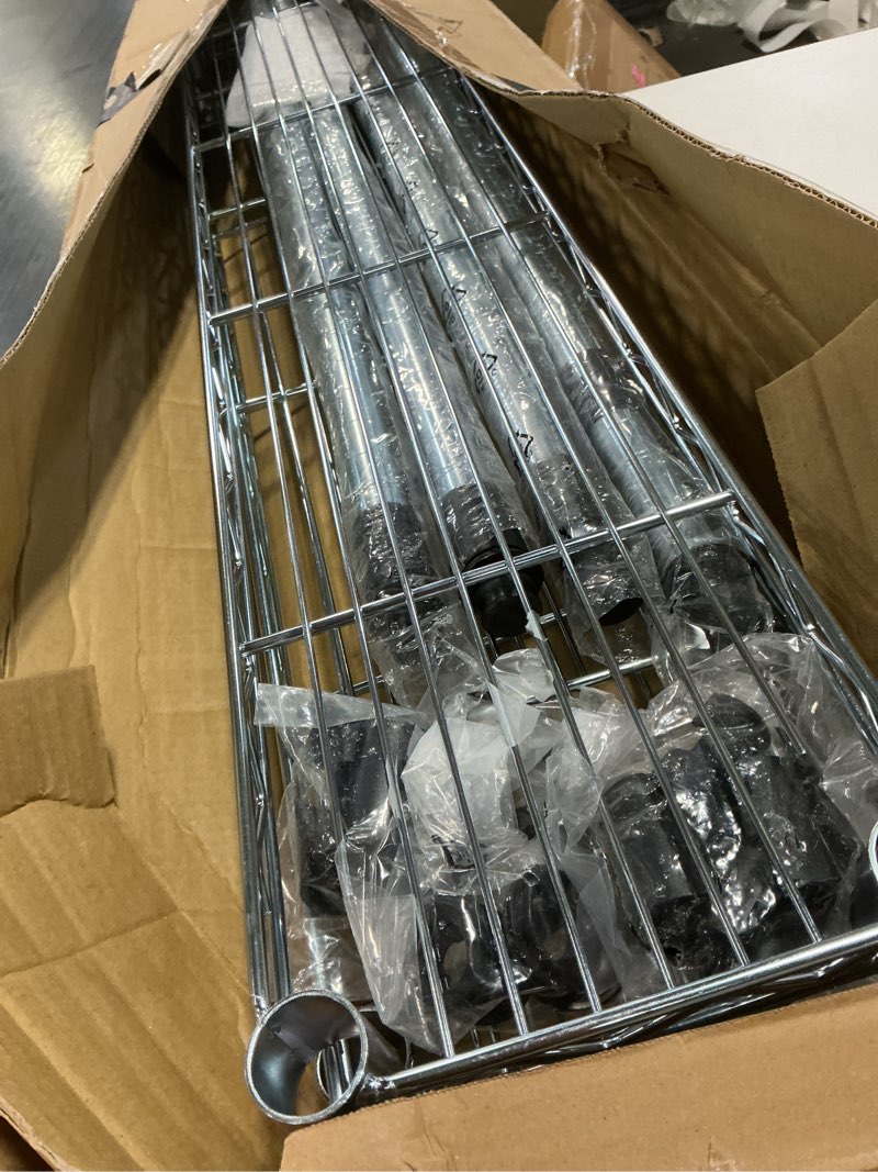 Condition photo showing Good Condition for chrome wire 3-tier shelving unit – 42" wide x 8" deep x 34" high – heavy duty
