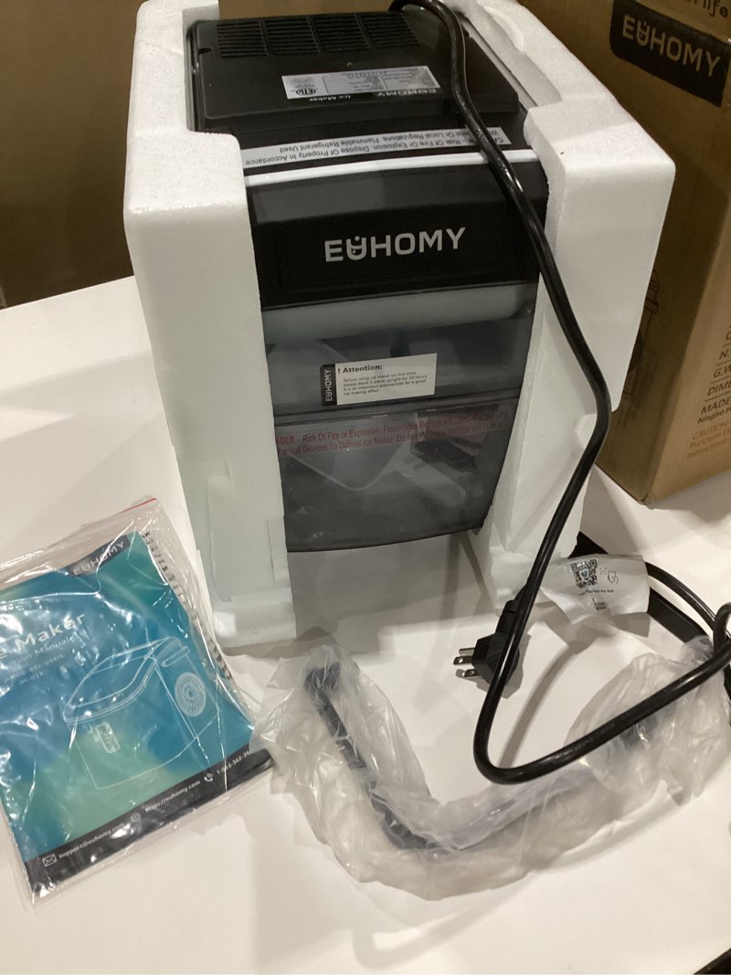 Condition photo showing New/Like New for EUHOMY Ice Maker Countertop, 9 Cubes Ready in 6 Mins, 26lbs/24H, Self-Cleaning, Portable Ice Maker Machine with Carry Handle, Basket and Scoop, 2 Sizes of Bullet Ice for Home, Kitchen, Office Silver 26Lbs/Day, NOT TESTED