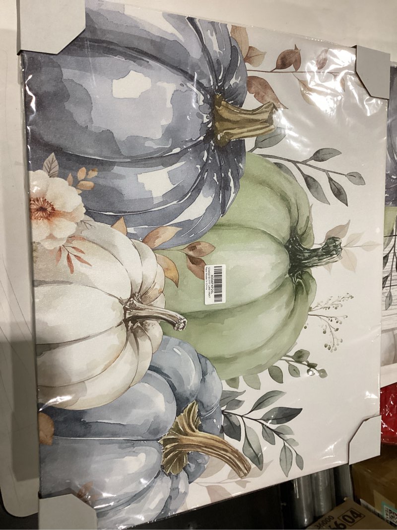 Condition photo showing New/Like New for Fall Canvas Wall Art - Pumpkin Eucalyptus Leaf Thanksgiving Autumn - Modern Wall Decor Gallery Canvas Wraps Giclee Print Stretched and Framed Ready to Hang - 12" x 16" 16"L x 12"W Sky Blue Beige