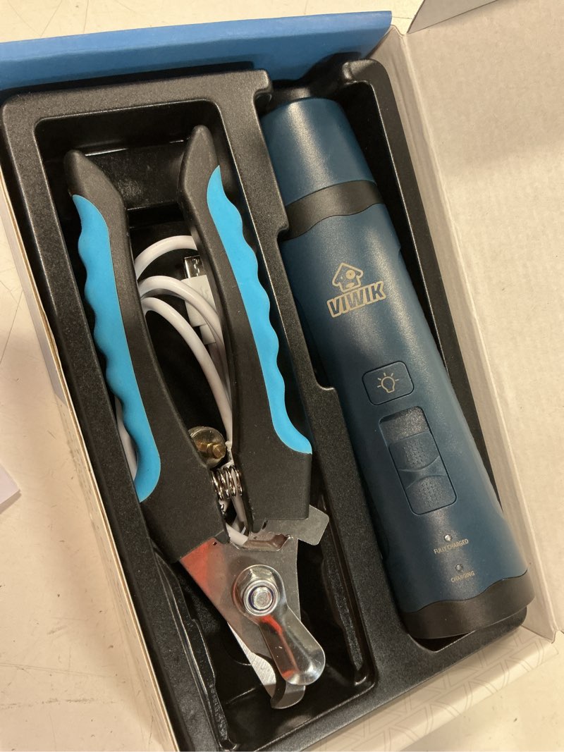 Condition photo showing Good Condition for viwik dog nail grinder, dog nail trimmers with led lights, pet nail clippers kit for large medium small dogs & cats, 2-speed quiet electric usb rechargeable pet paws grooming tool blue