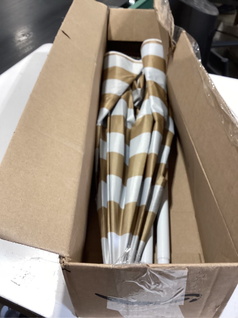 Condition photo showing Good Condition for water table umbrella,kids beach umbrella & picnic table shade,ideal for sand play,camping,beach trips,and garden fun.lightweight yet durable brown&white 71" h x 46" w x 46" d