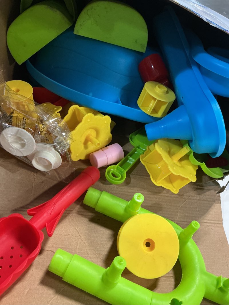 Condition photo showing As Is for 3-tier sand and water table toys for kids aged 3 4 5 6 7 8, water waterfall sensory play table with beach toys accessories, outdoor activity playset for toddlers 2-4 3-5 4-6, birthday gifts