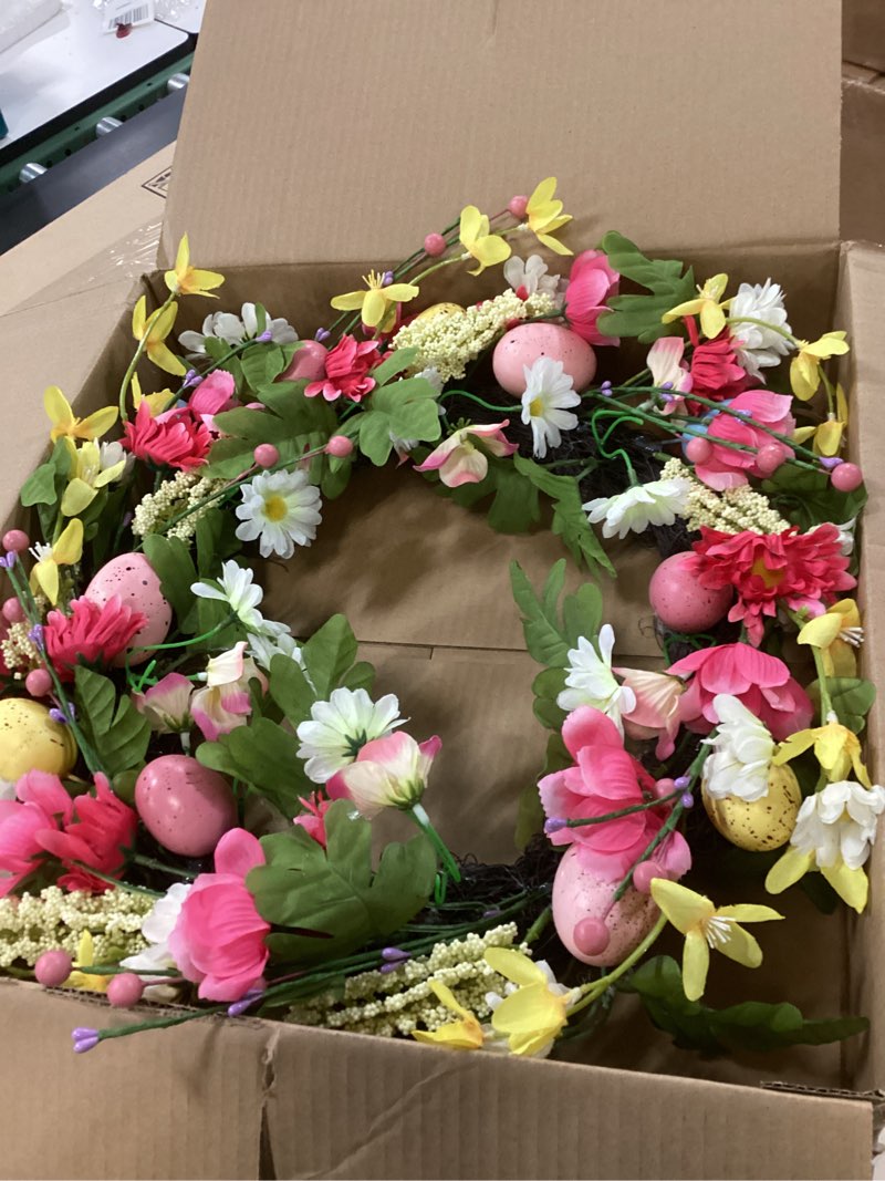 Condition photo showing New/Like New for 18 inch Easter Wreath Decorations for Home Easter Door Wreaths for Front Door Artificial Spring Flower Eggs Wreaths Decorations for Home Indoor Outdoor Outside Porch Wall