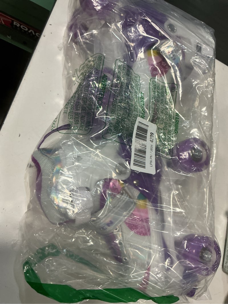 Condition photo showing Good Condition for Kids Roller Skates for Girls and Boys, 4 Size Adjustable Rainbow Girls Skates with Light Up Wheels, Toddler Skates for Boys, Beginner Kids Roller Skates Indoor Outdoor Purple Medium