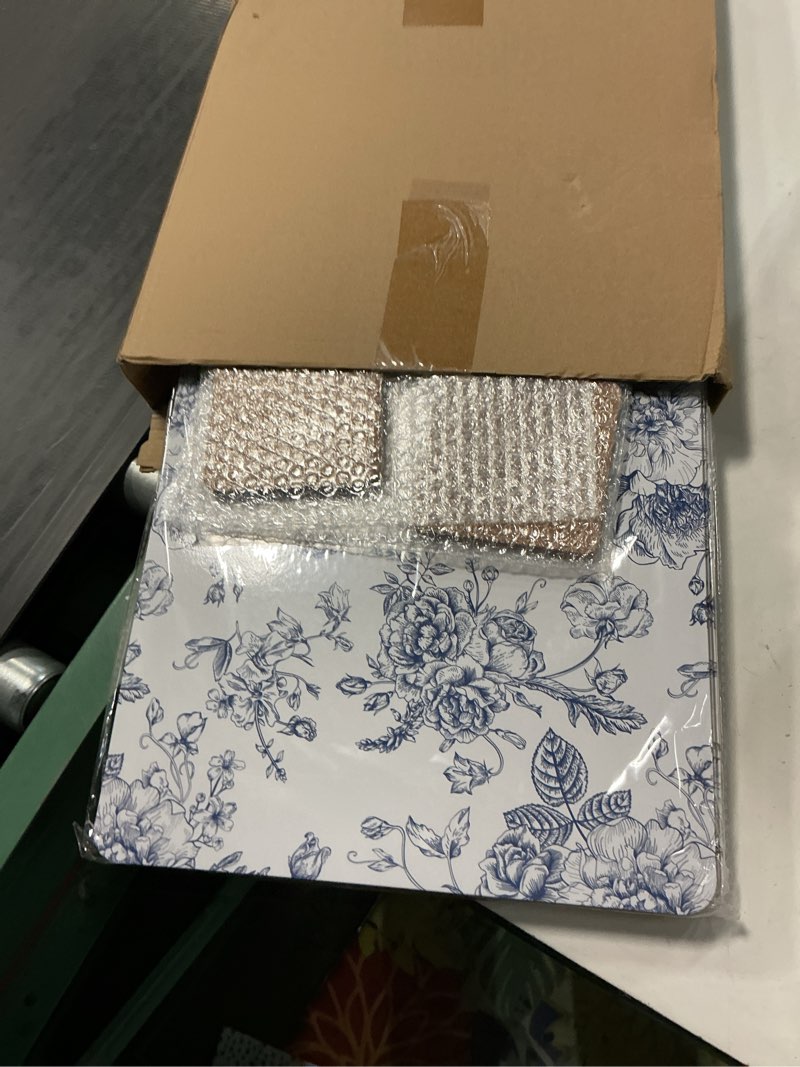 Condition photo showing New/Like New for 6 sets blue and white floral cork placemats with 6 coasters, 16x12 inches heat resistant cork backed table mats, square coasters for rustic kitchen dinner table setting supplies blue, white