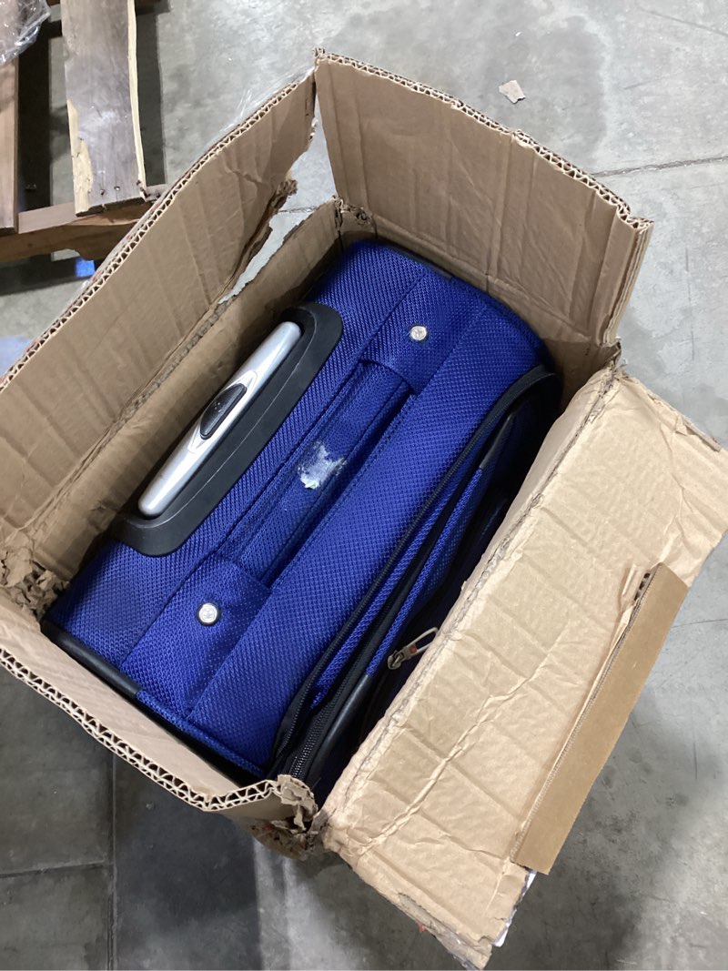 Condition photo showing As Is for swissgear sion softside expandable spinner luggage durable lightweight travel suitcase, blue, carry-on 21-inch carry-on 21-inch blue