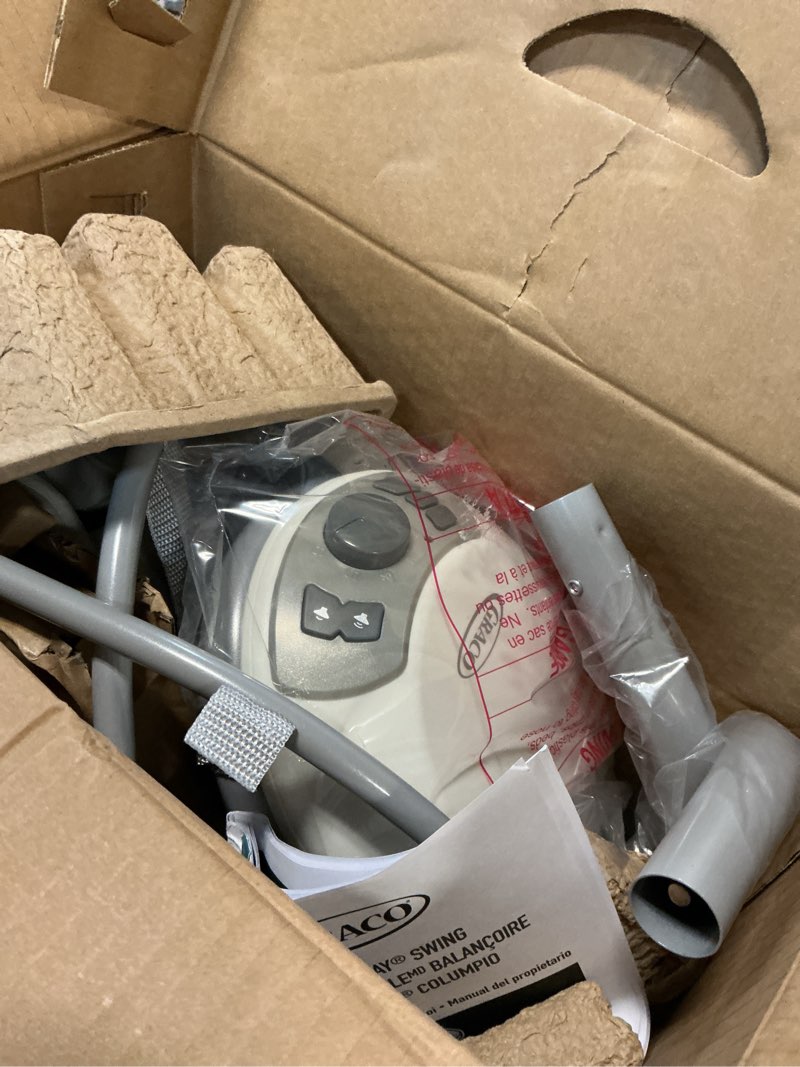 Condition photo showing As Is for graco simple sway baby swing, side?to?side motion, infant swing with 6 speeds, vibration, ivy