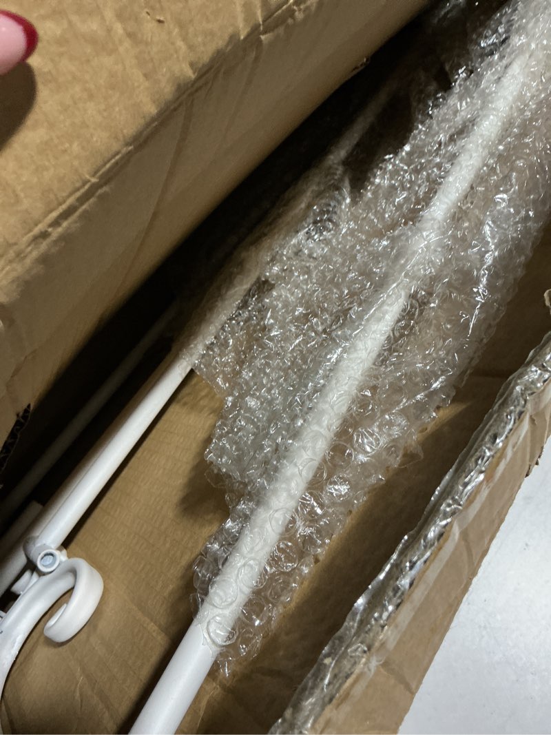 Condition photo showing As Is for Metal Free Standing Adjustable Display Stand Scroll Easel with Chain Support, White Easel Stand for Sign, Wedding, Picture Frame. (No Installation Required) Scroll-White