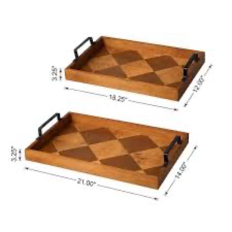 Rectangle Wooden Geometric Trays With Metal Handles