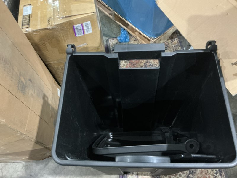 Condition photo showing As Is for safco step on plastic trash can with foot pedal, 23 gallon garbage can for kitchen, indoor or outdoor use, hands free, black black 23 gallon