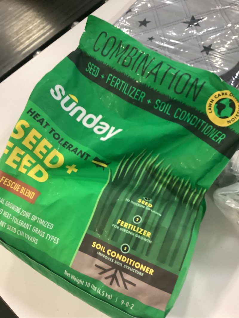 Condition photo showing New/Like New for sunday heat tolerant seed + feed - 3-in-1 grass seed, fertilizer, & soil conditioner - strengthens lawns against heat & drought - covers 1,500 sq. ft. - 10lbs
