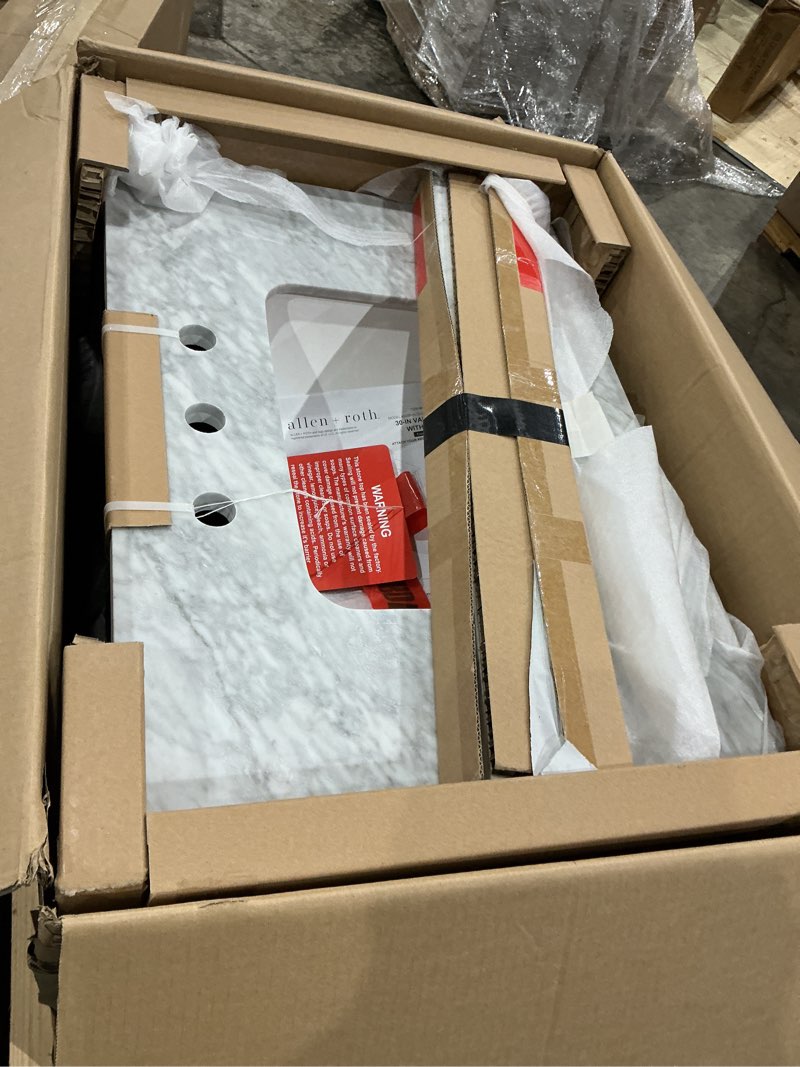 Condition photo showing As Is for 30" pre-assembled bathroom vanity with sink, solid rubberwood and mdf, carrara white marble countertop attached, single oval porcelain sink, blue blue 30