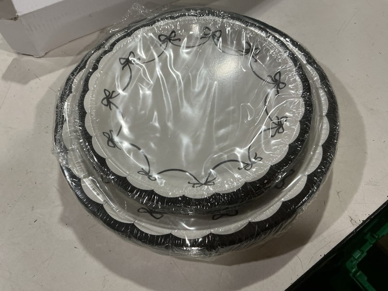 Condition photo showing New/Like New for yungyan 50 pcs black bow plates scalloped bowknot 7 and 9 inch black and white paper plates disposable tableware coquette party decoration for birthday valentine's day wedding bride shower black gingham
