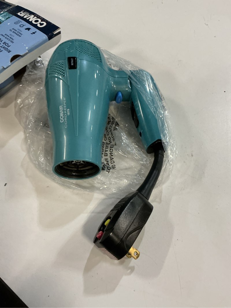 Condition photo showing Good Condition for Conair Cord-Keeper Dryer with Folding Handle and Retractable Cord, 1875W Travel Hair Dryer, Ionic Technology, Teal Blue 1 Count (Pack of 1)
